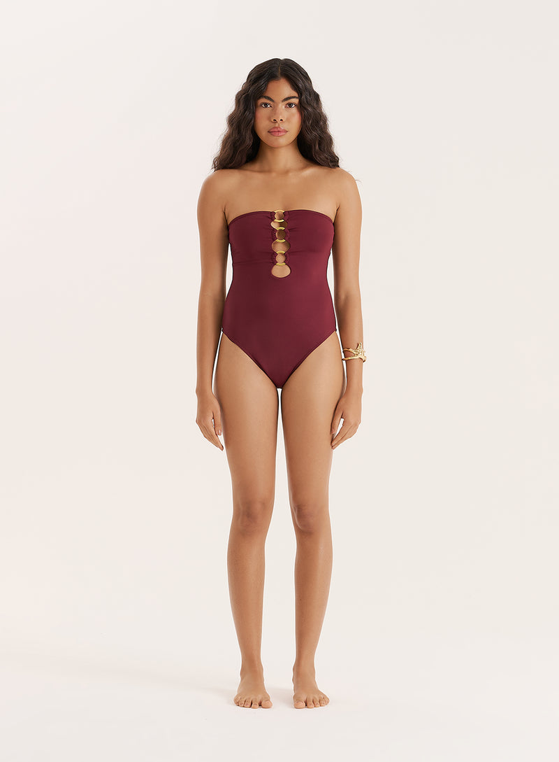 Burgundy Gold Ring Cut Out Bandeau Swimsuit- Nala