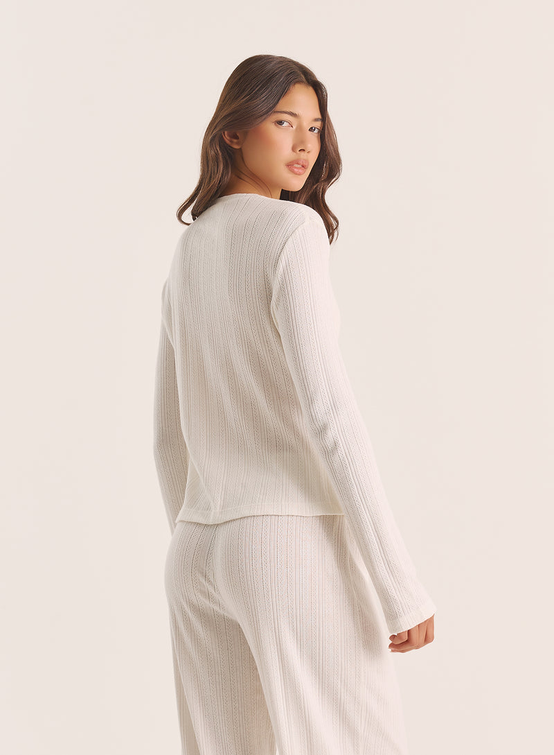 Ecru Pointelle Long Sleeve Buttoned Top