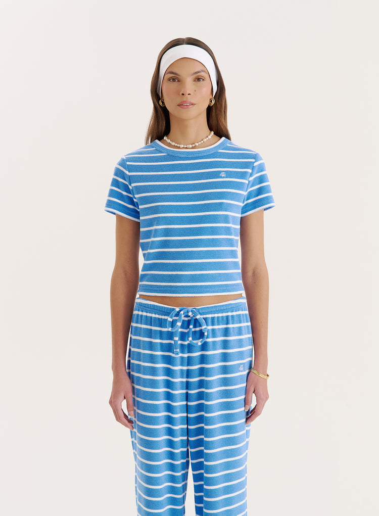 Blue Stripe Towelling Short Sleeve Top- Livia