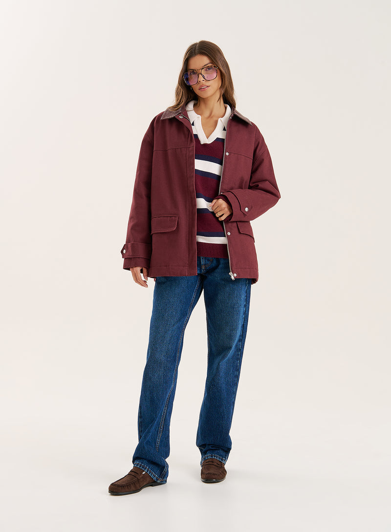 Burgundy Front Pocket Barn Shacket- Sutton