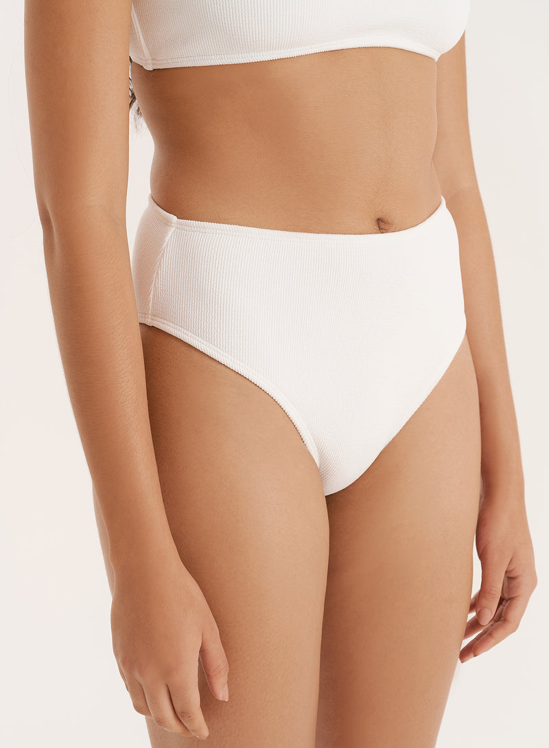White Crinkle High Waisted Bikini Bottom- Rivia
