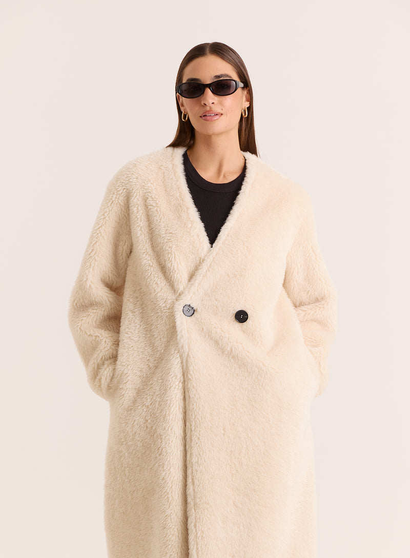 Cream Shearling Longline Buttoned Coat- Bobby