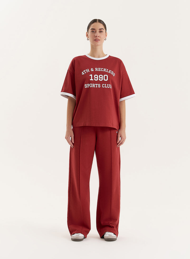 Red Contrast Trim Slogan T-Shirt- Kayleigh