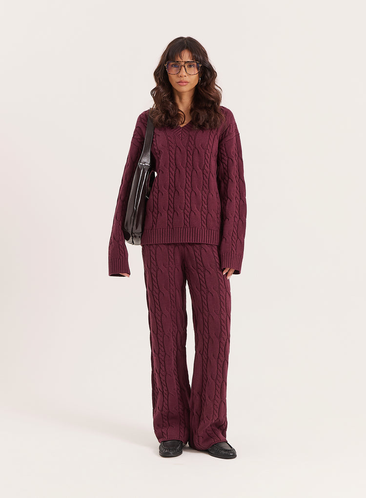 Burgundy Cable Knitted Trousers- Jordan