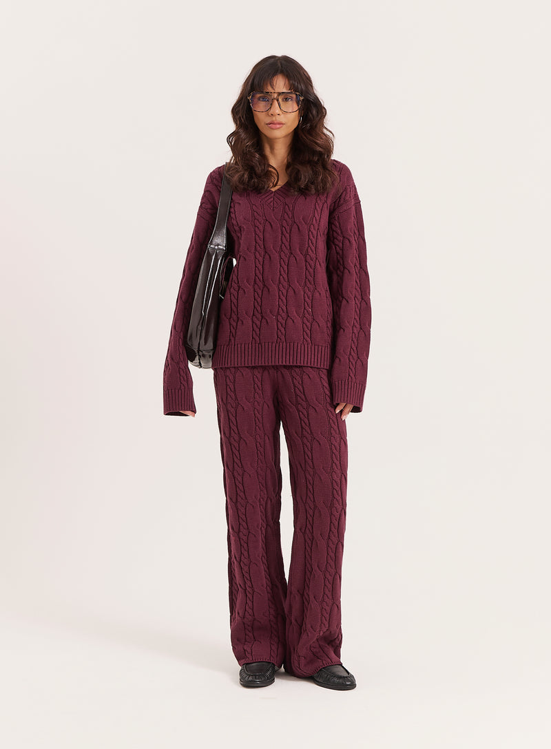 Burgundy Cable Knitted Trousers- Jordan