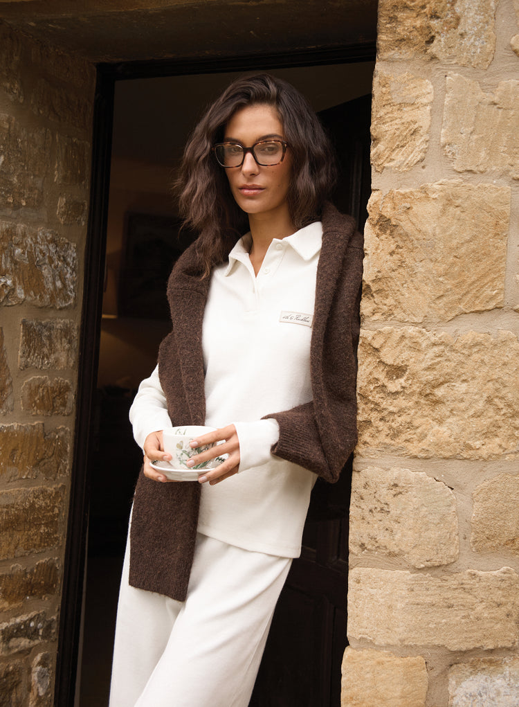 Ecru Fine Ribbed Jersey Longsleeve Top- Liliana