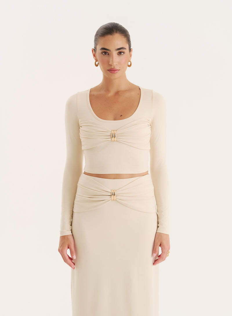 Cream Bust Detail Long Sleeve Cropped Top- Lyra