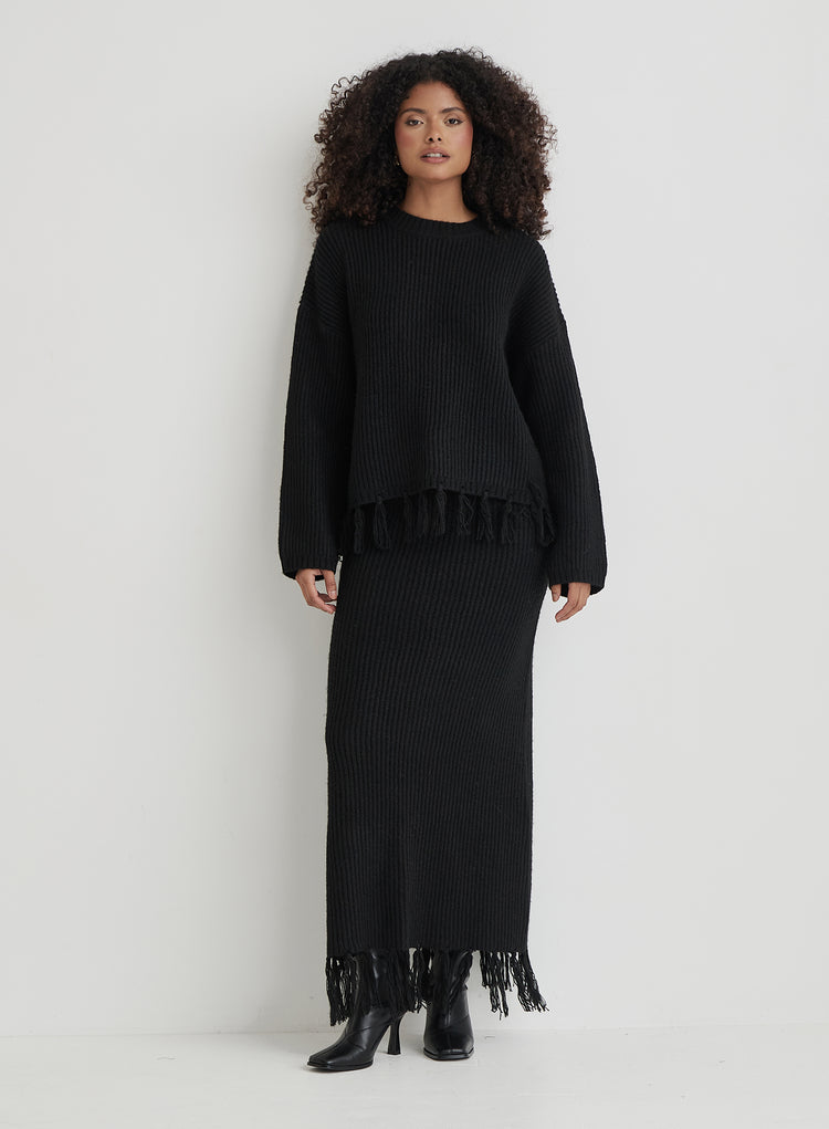 Black Knit Tassle Trim Maxi Skirt- Fallon