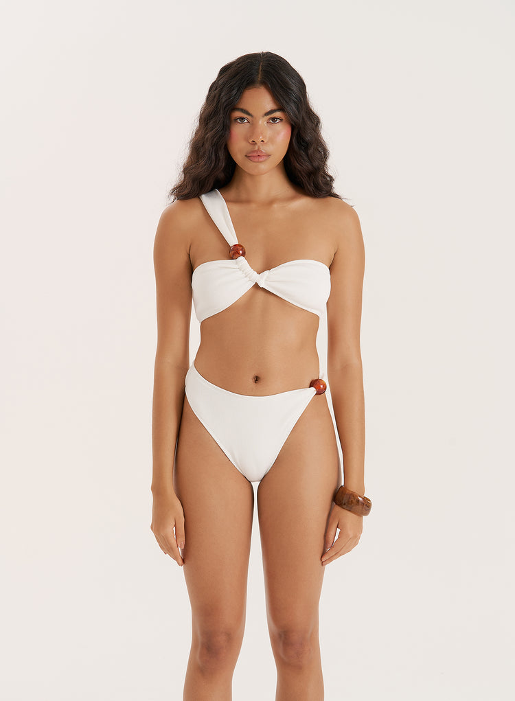 White Crinkle Bead Detail One Shoulder Bikini Top- Paula