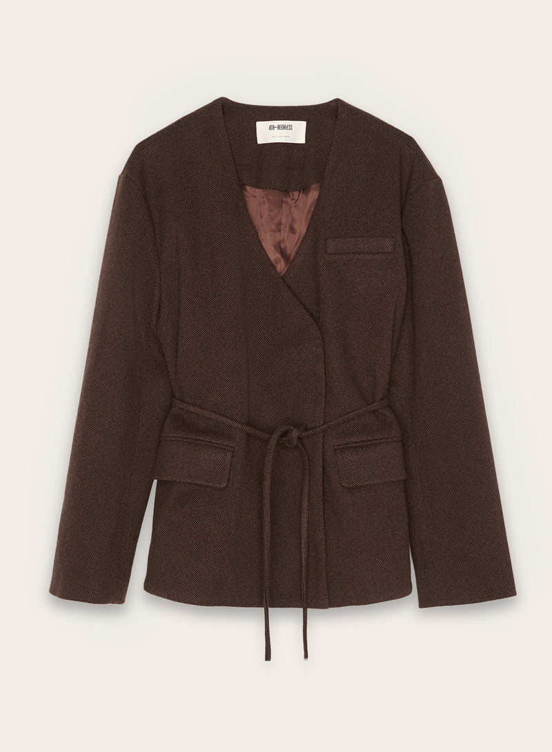 Chocolate Herringbone Tie-Waist Wrap Jacket