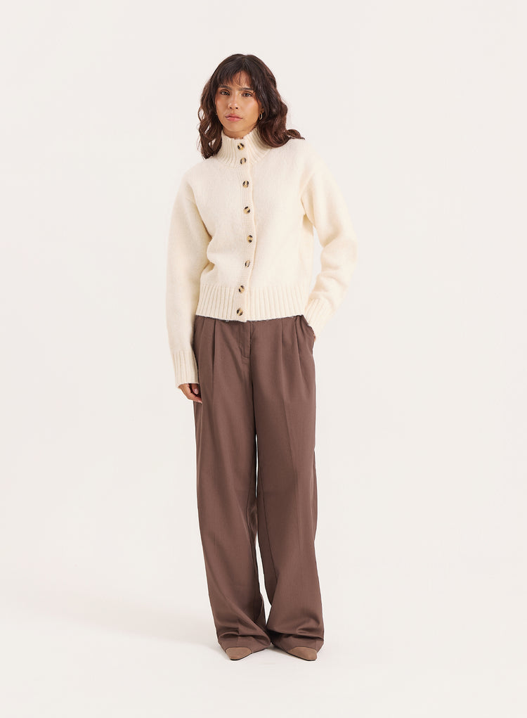 Cream Knitted Ribbed Cuff Button Down Cardigan- Terry