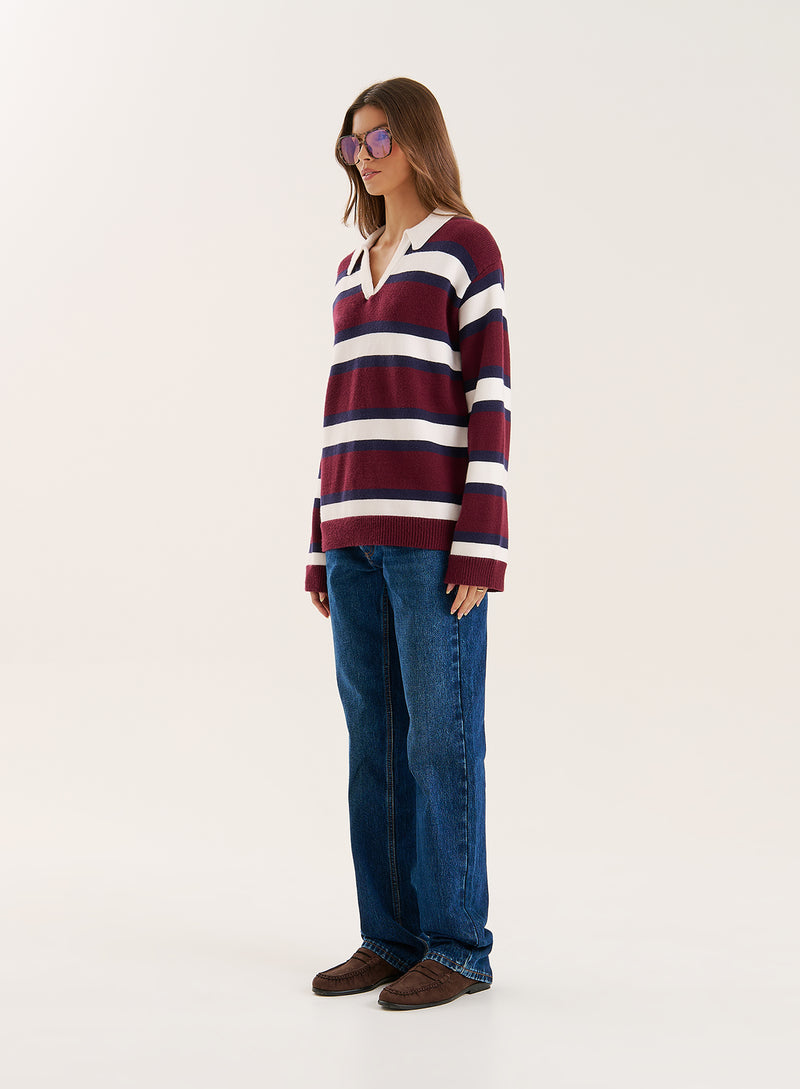 Striped Knitted Contrast Collar Jumper- Tommie
