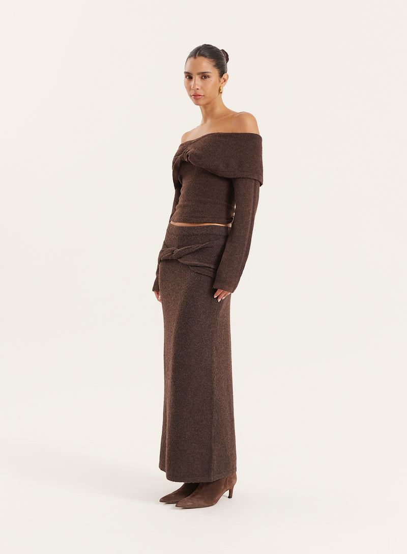 Chocolate Ruched Waist Knitted Maxi Skirt- Selene