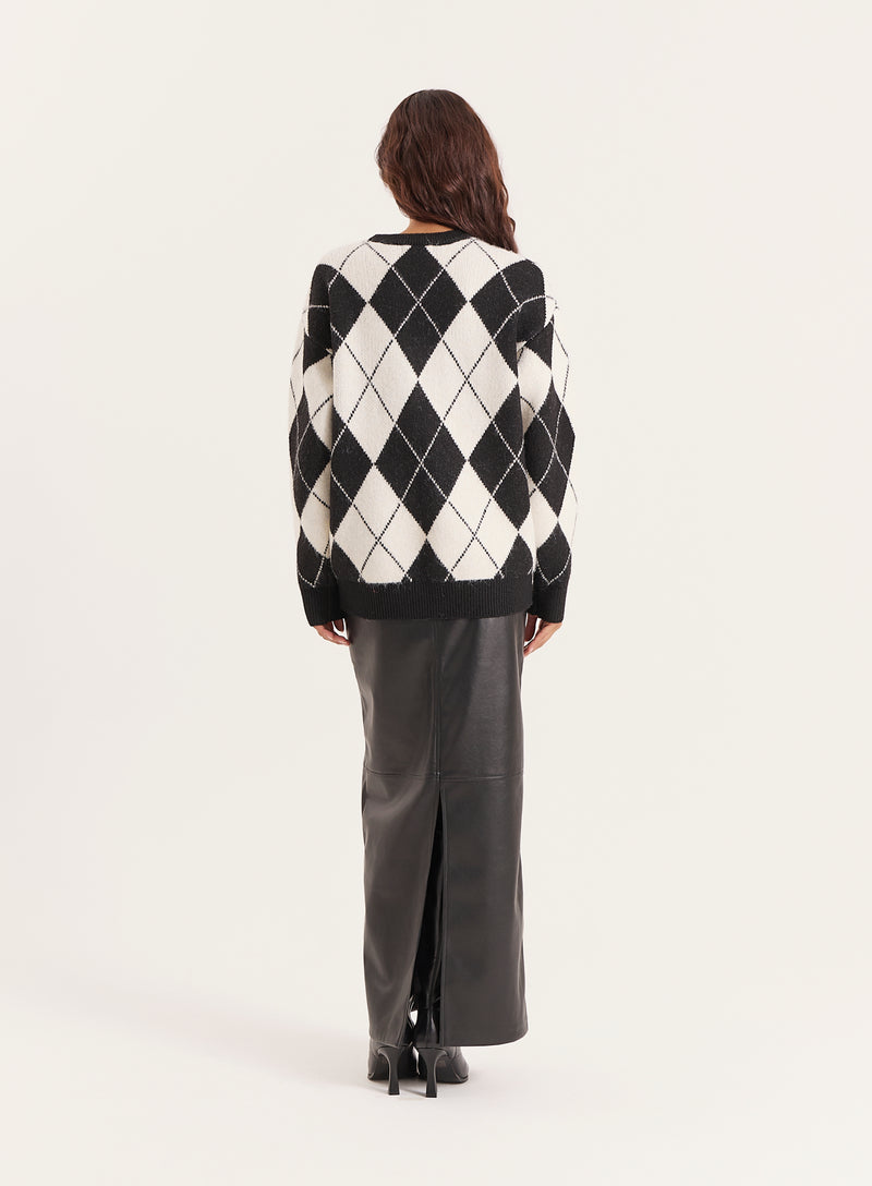 Black And Cream Knitted Argyle Crew Neck Jumper- Molly