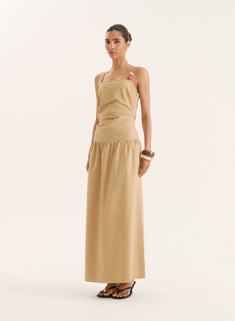 Camel Bead Detail Strap Drop Waist Maxi Dress- Antonia