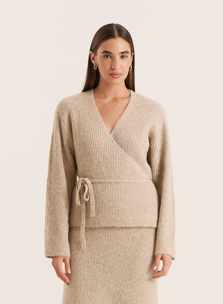Oatmeal Knitted Tie Front Wrap Top- Adriena