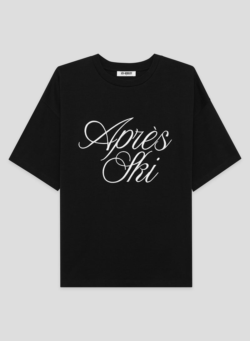 Black Embroidered Apres Ski Slogan T-Shirt- Asher