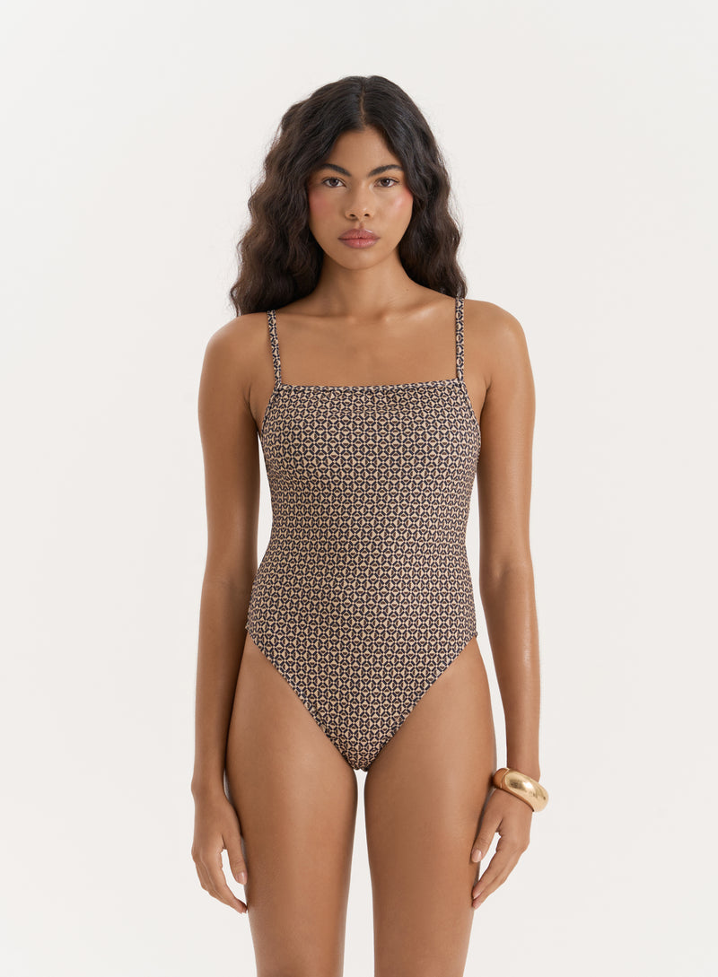 Geo Printed High Leg Strappy Swimsuit- Aelin