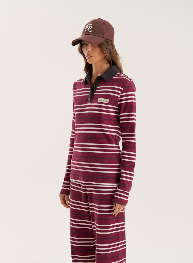 Burgundy Striped Fine Ribbed Jersey Longsleeve Top- Liliana