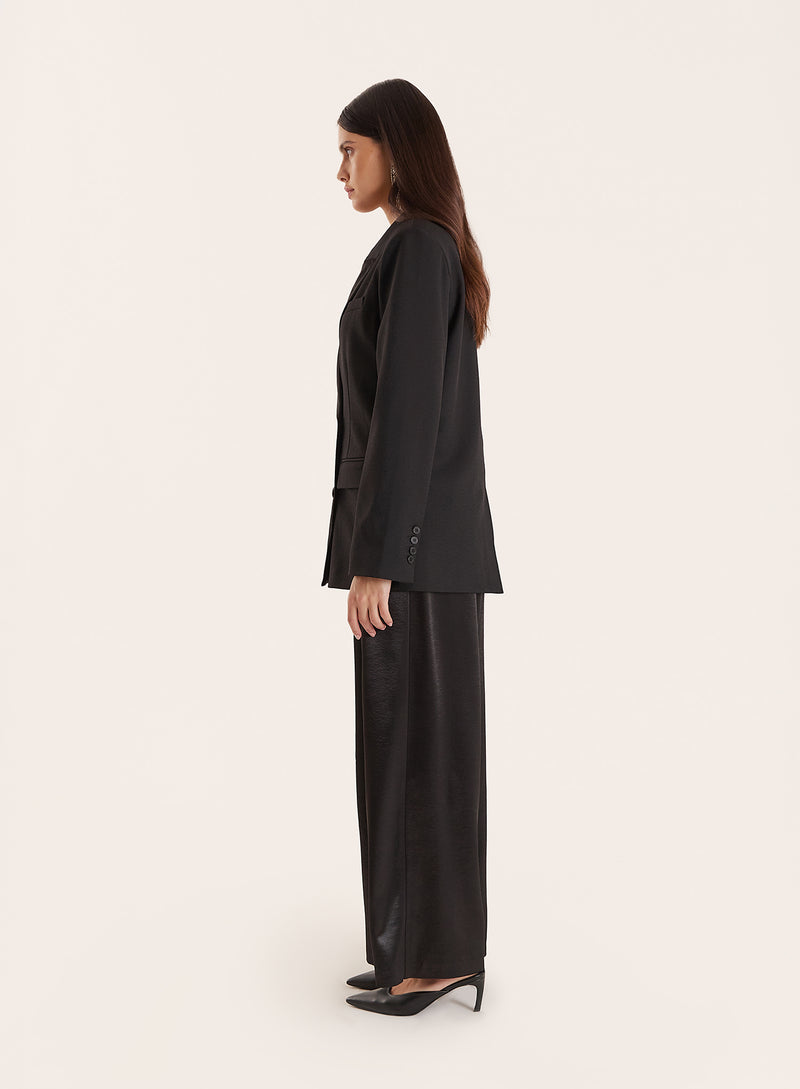 Black Pleated Waistband Wide Leg Satin Trousers- Francoise