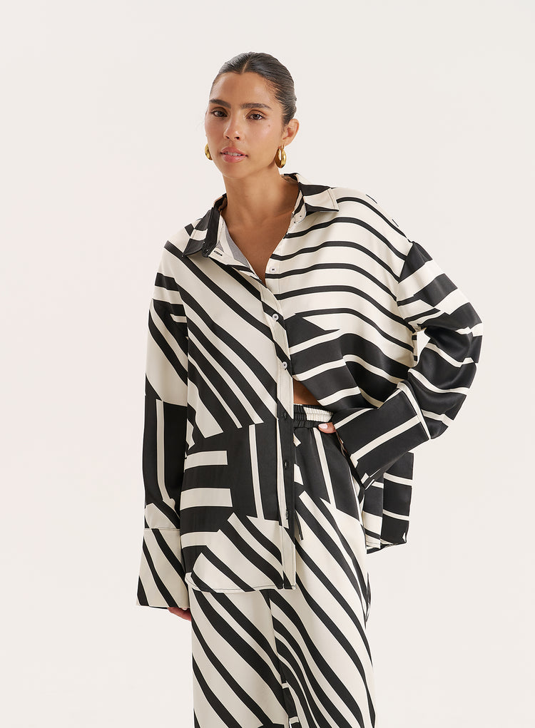 Black And White Abstract Print Satin Shirt- Amira