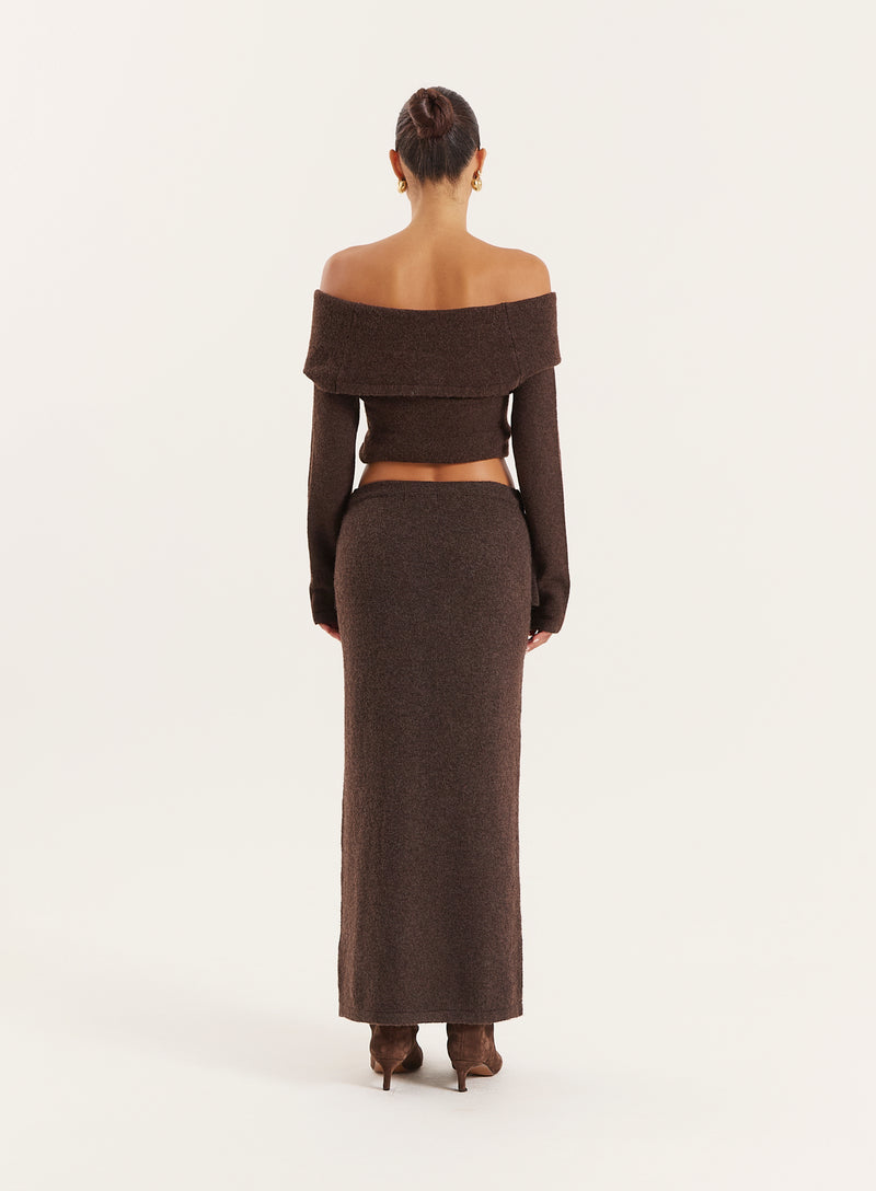 Chocolate Ruched Waist Knitted Maxi Skirt- Selene