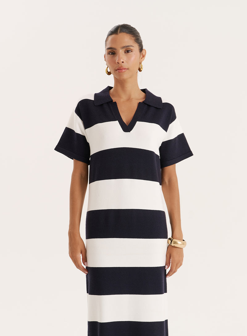 Black And White Stripe Knitted Rugby Maxi Dress- Esme