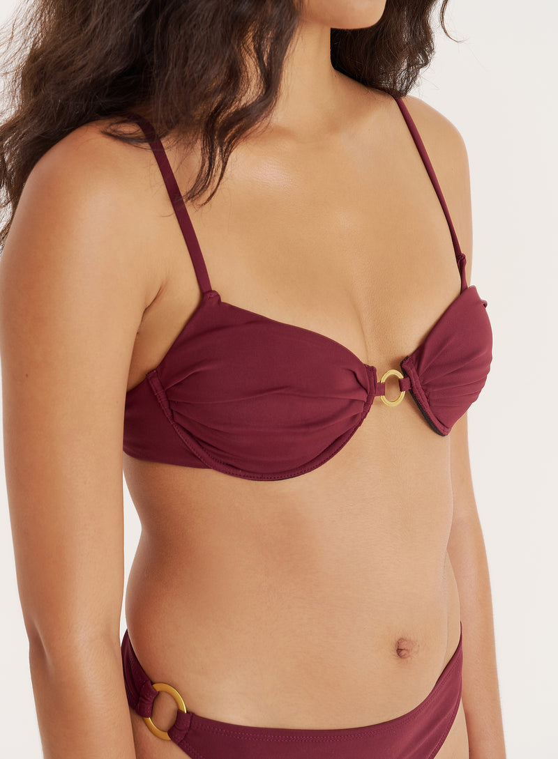 Burgundy Gold Buckle Underwired Bikini Top- Mayci