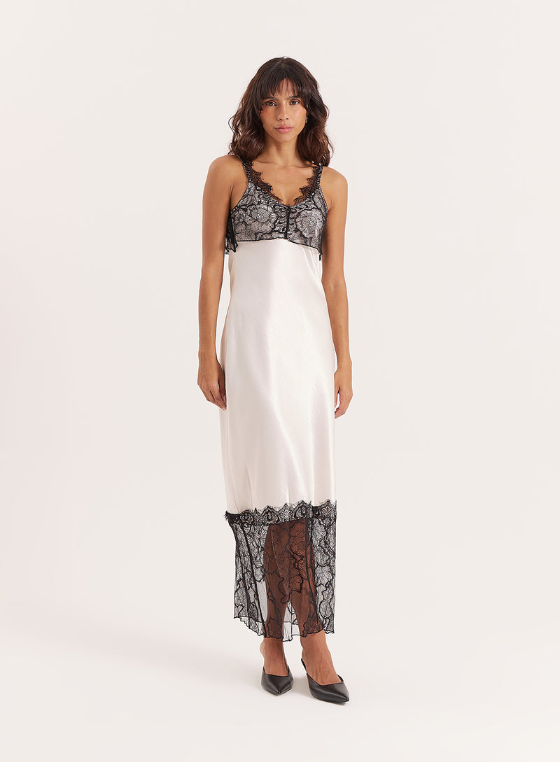 Cream Satin Lace Trim Maxi Dress- Smythson