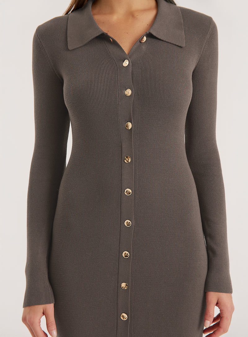 Charcoal Collared Button Down Knitted Dress- Taye