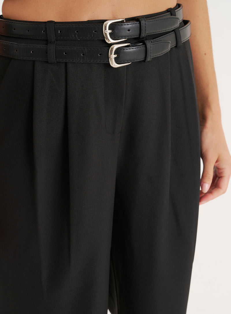 Black Belted Tailored Wide Leg Trouser-Mira