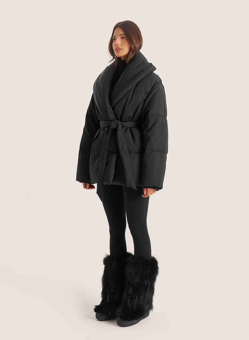 Black Wrap Waist Belted Puffer Coat