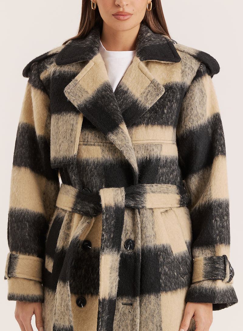 Black And Beige Wide-Checked Belted Trench Coat- Carey