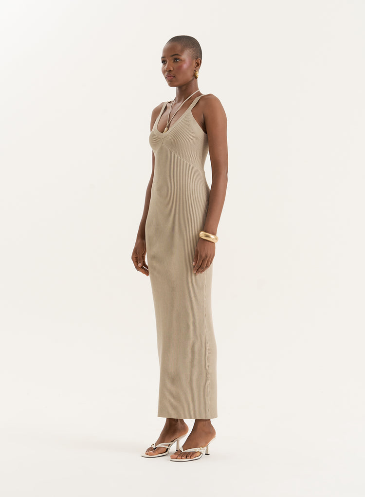 Beige Knitted Halterneck Detail Maxi Dress- Dion