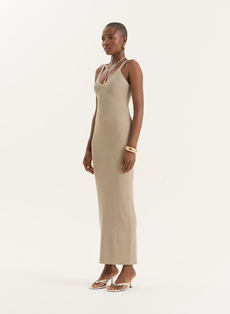 Beige Knitted Halterneck Detail Maxi Dress- Dion