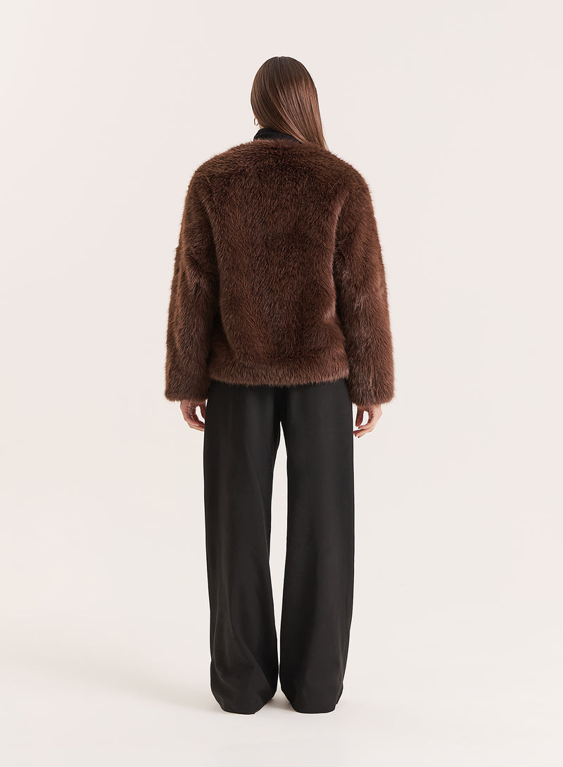 Brown Faux Fur Toggle Fastening Jacket- Jackie