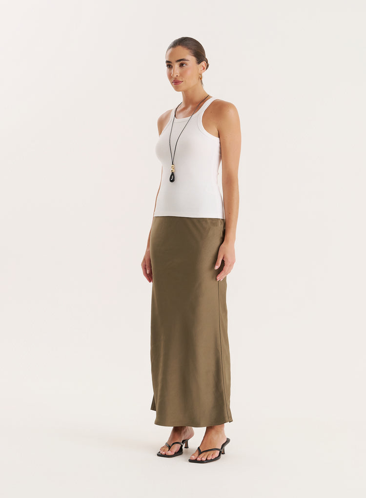 Khaki Satin Maxi Skirt- Novah