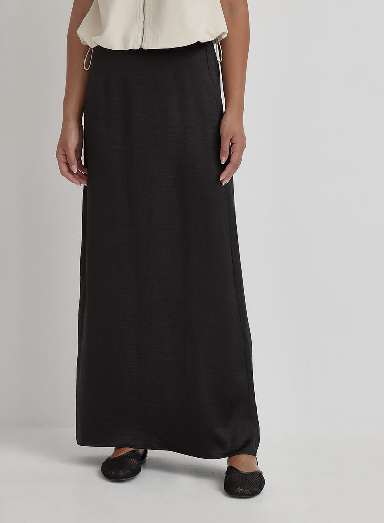 Black Satin Back Split Maxi Skirt- Alis