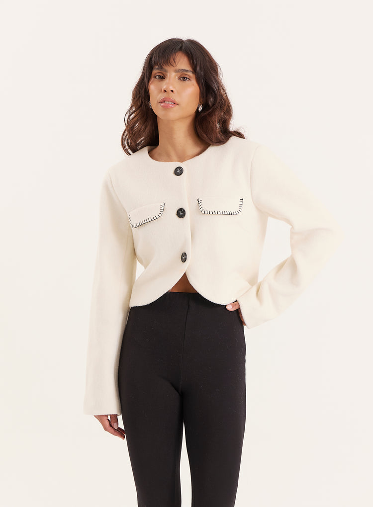 Cream Wool Contrast Pocket Cropped Jacket- Mable