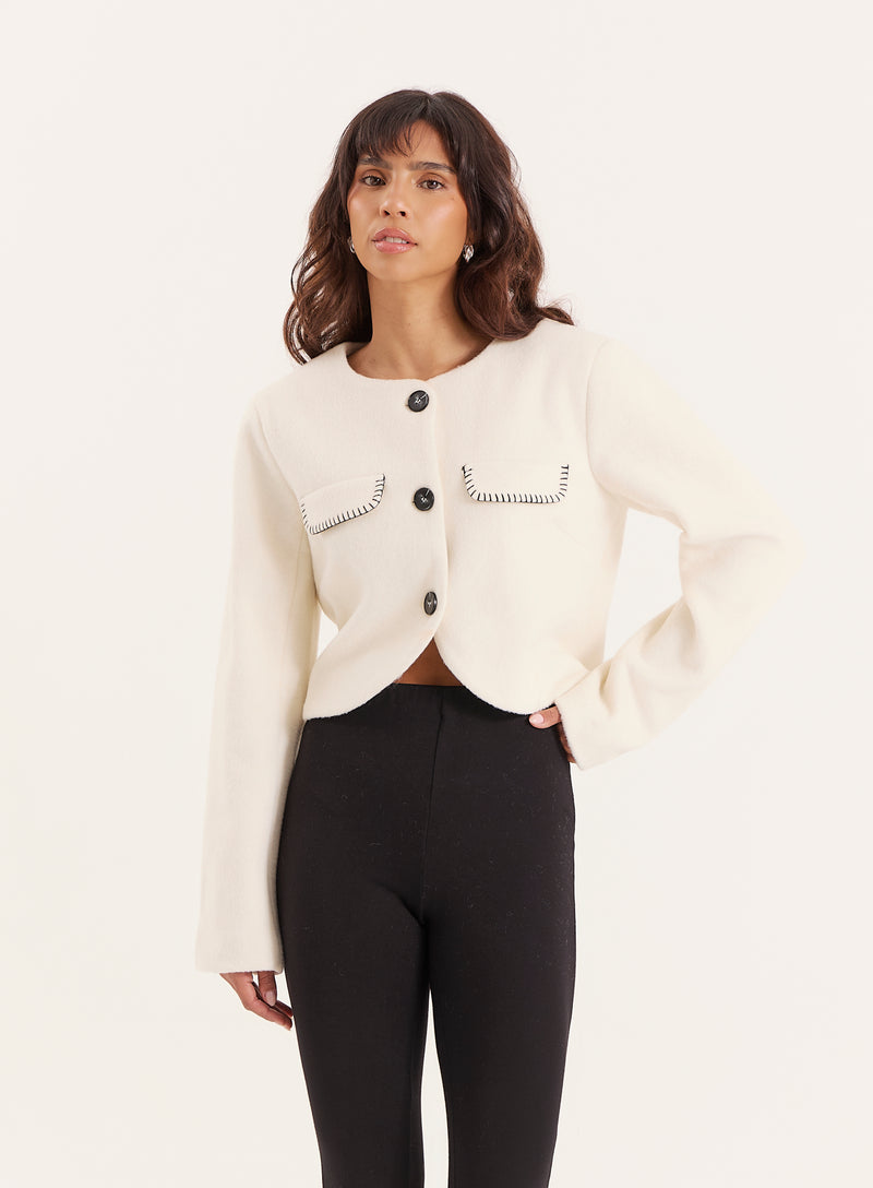 Cream Wool Contrast Pocket Cropped Jacket- Mable