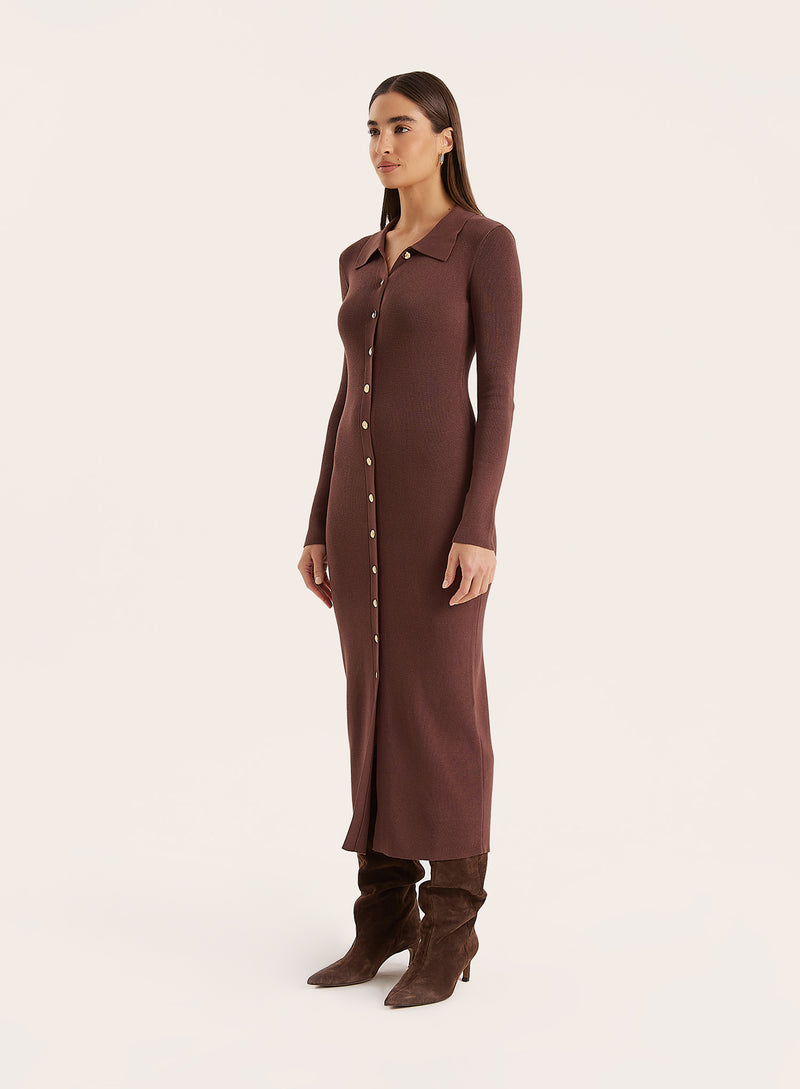 Chocolate Collared Button Down Knitted Dress