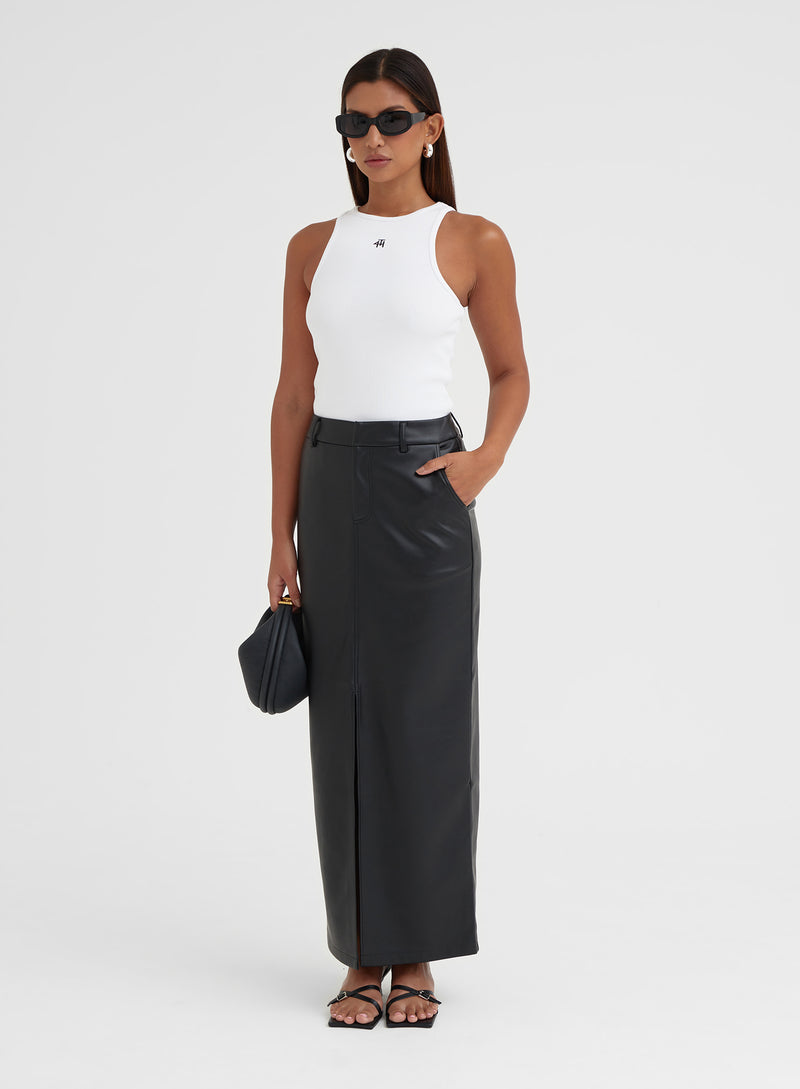 Black Split Front Faux Leather Midaxi Skirt - Nimah