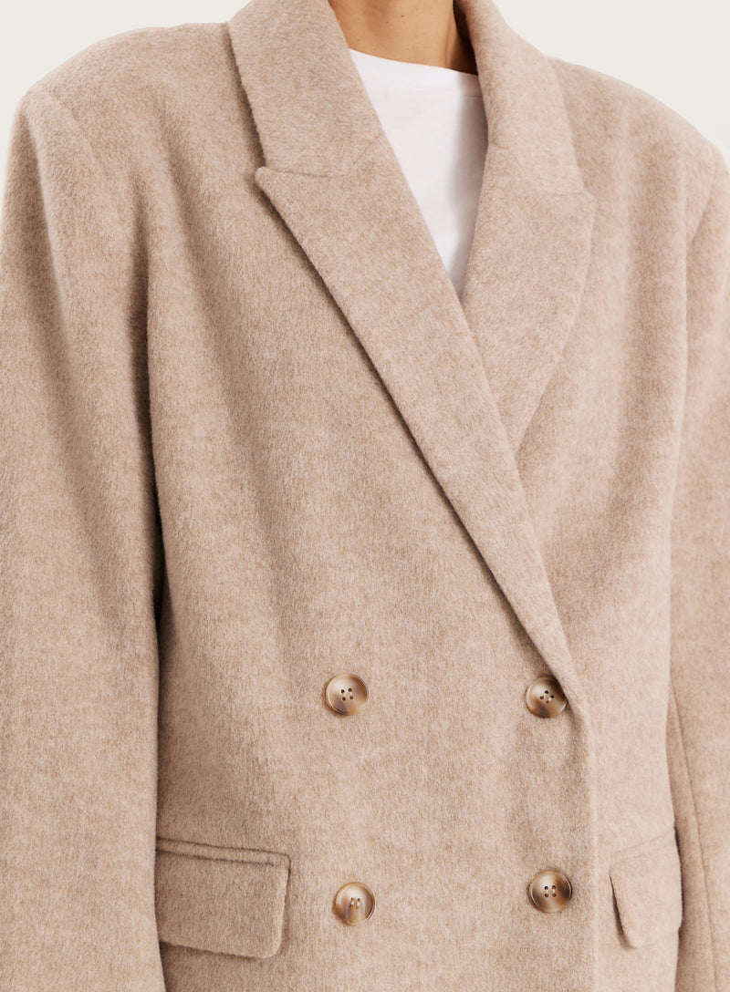 Oatmeal Longline Double Breasted Oversized Blazer- Floriana