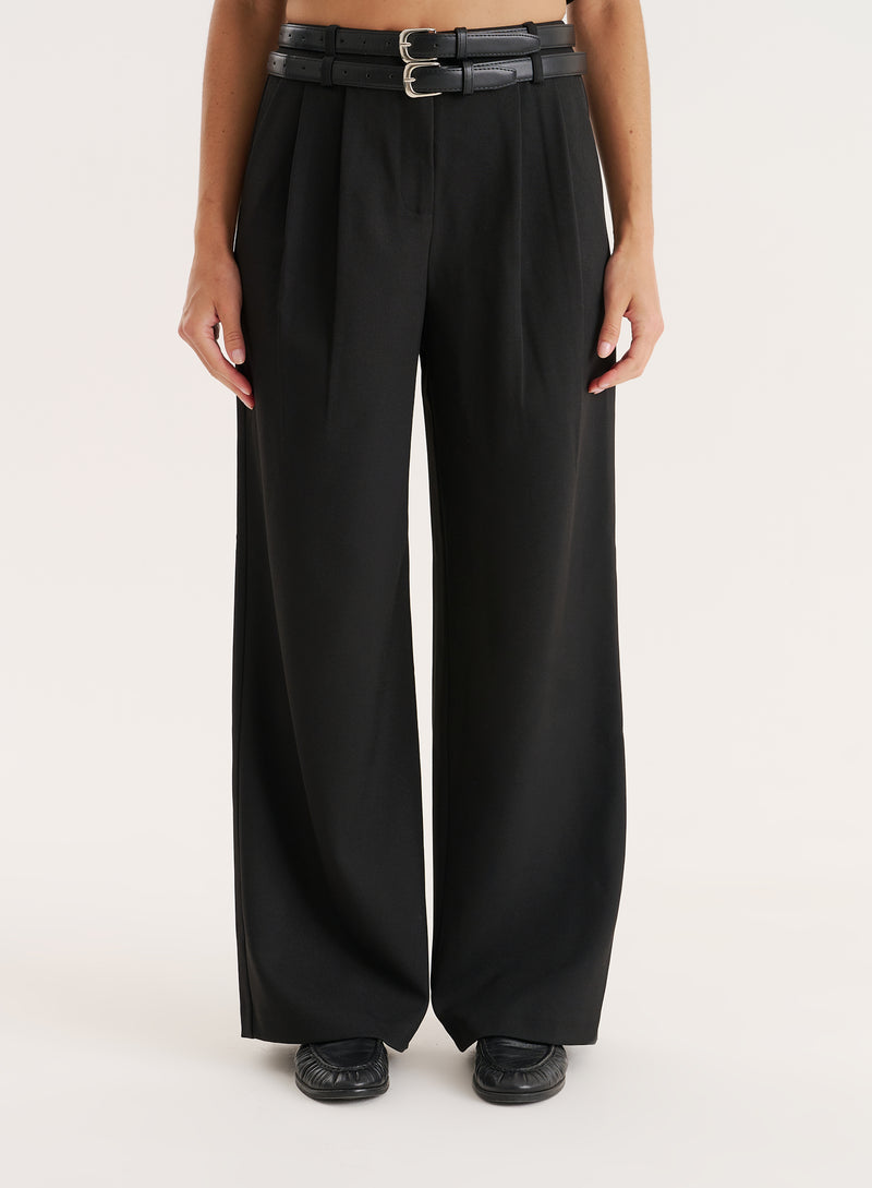 Black Belted Tailored Wide Leg Trouser-Mira