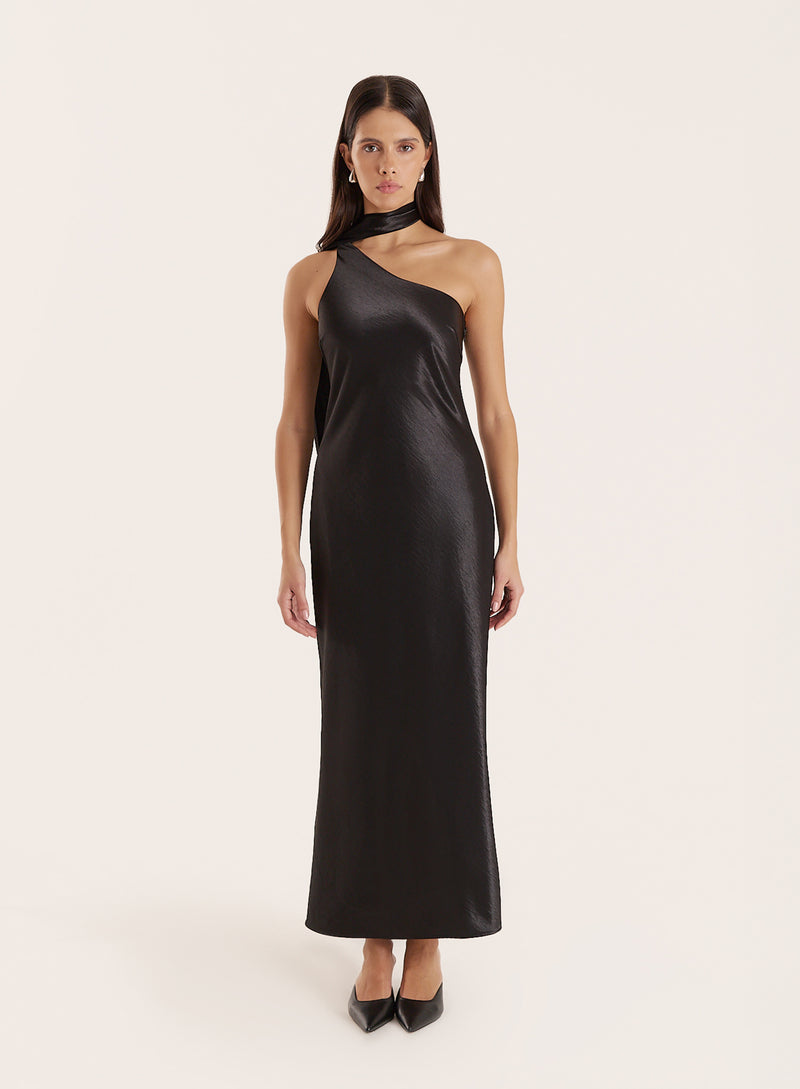 Black Satin One Shoulder Scarf Neck Maxi Dress- Ellen