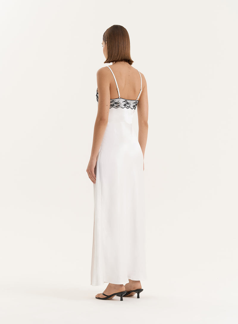 White Lace Detail Satin Slip Maxi Dress- Merida