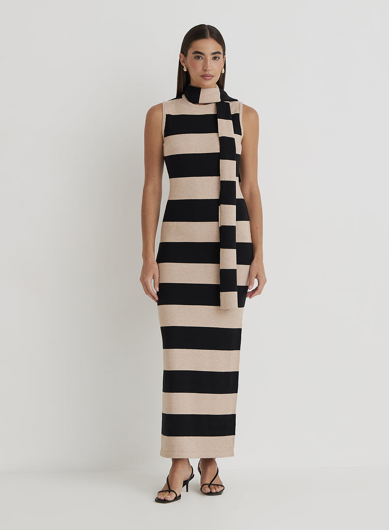 Striped Knitted Maxi Dress With Scarf- Fran