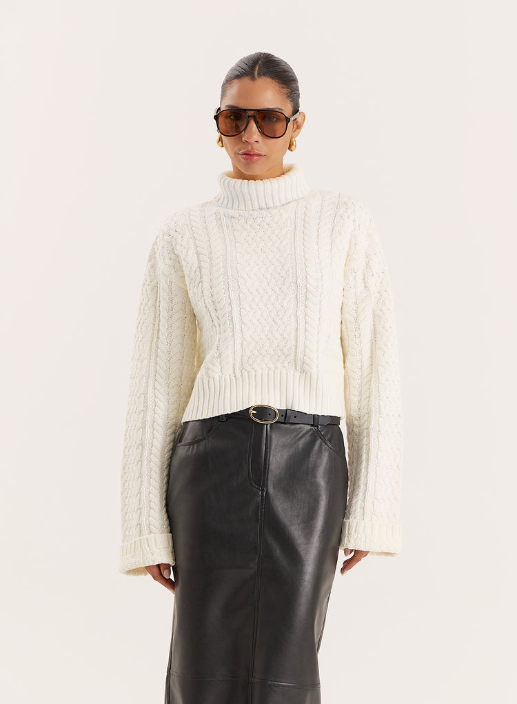 Cream Chunky Knit Turtle Neck Crop Jumper- Ethel