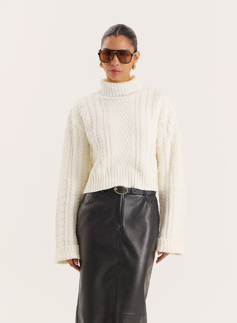 Cream Chunky Knit Turtle Neck Crop Jumper- Ethel