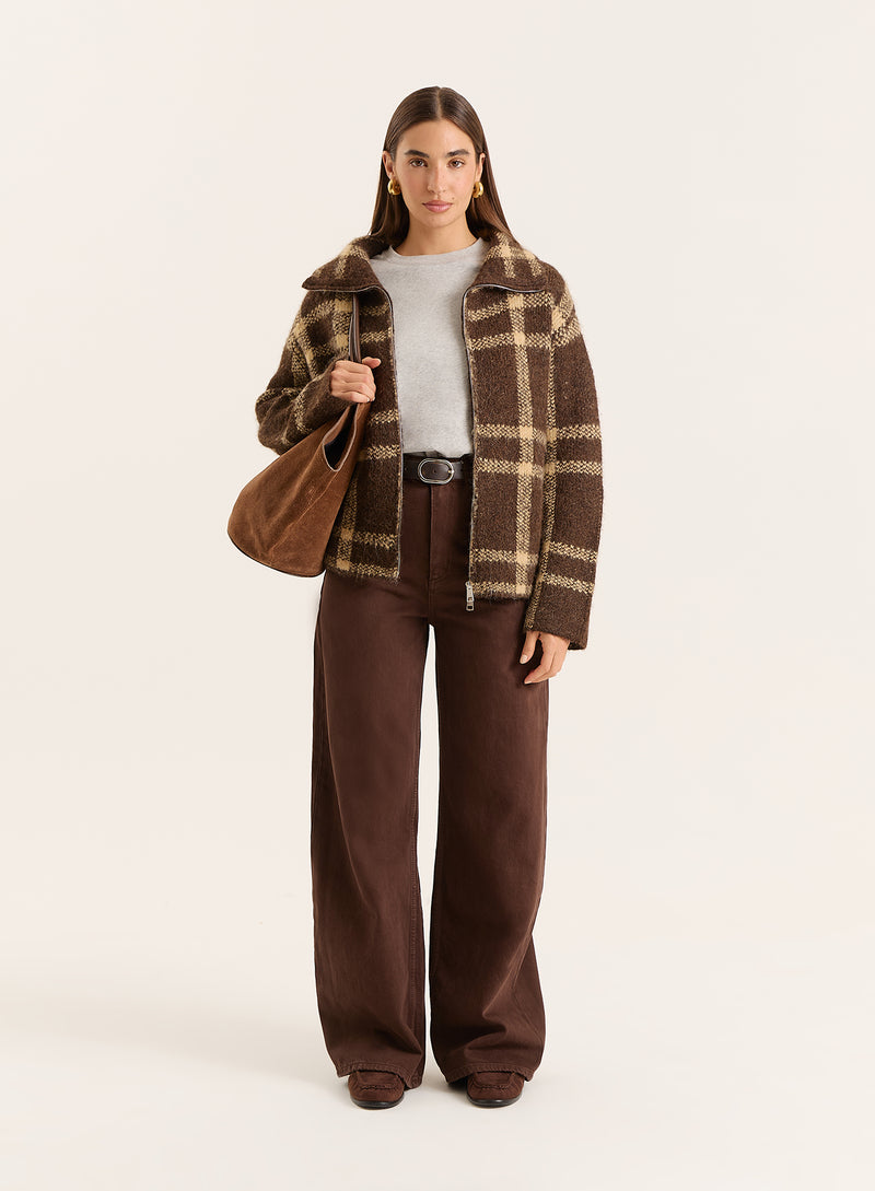 Chocolate Checked Knitted Zip Jacket- Samira